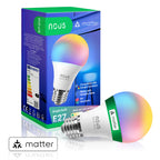 Nous P3 Smarte Glühbirne E27 in Regenbogenfarben neben der Matter-Verpackung mit Aufdruck Single bulb E27