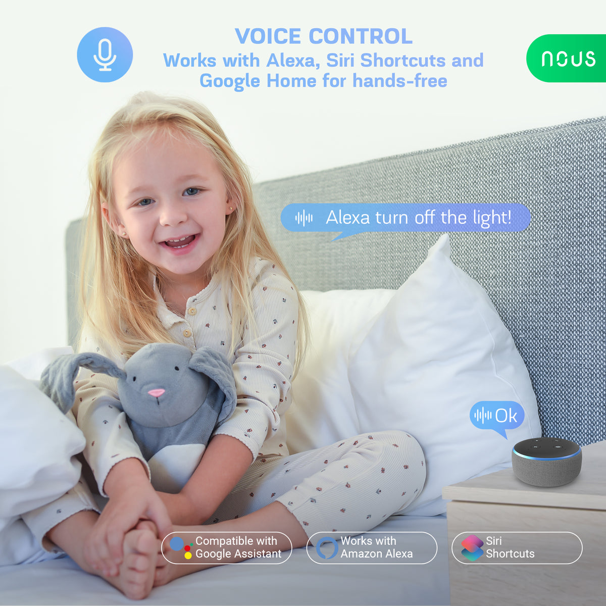 Mädchen im Bett, Echo Dot auf dem Nachttisch, Sprachbefehl schaltet die Nous P3 E27 aus