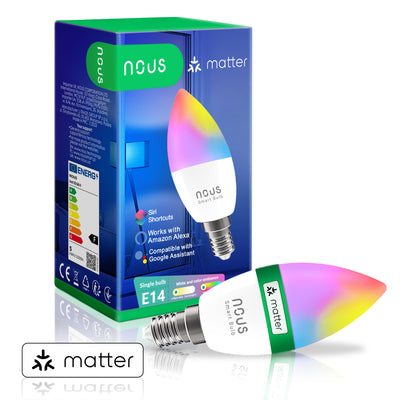 Nous P4 Smarte Glühbirne E14 in Kerzenform mit Farbverlauf neben der Matter-Verpackung mit Aufdruck E14