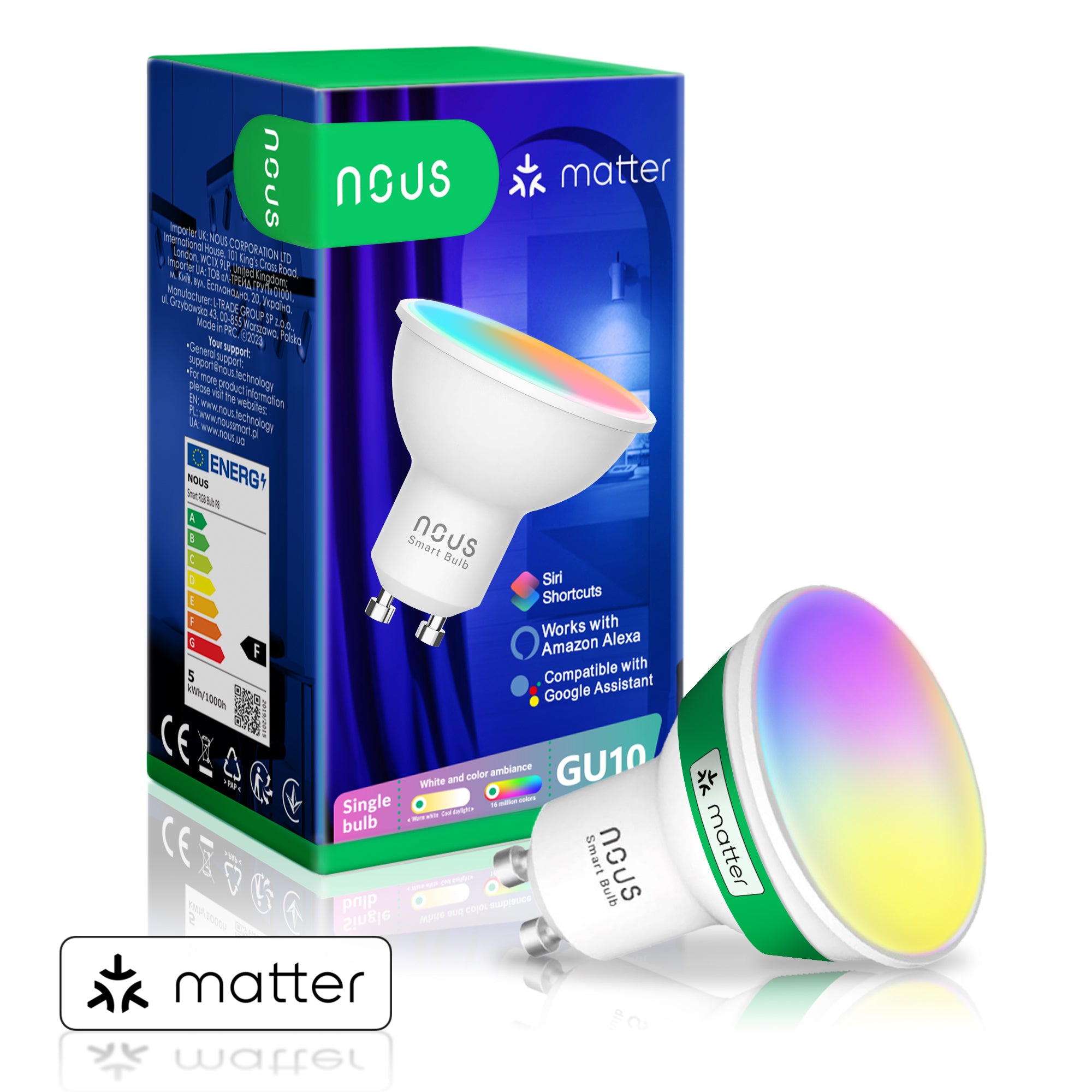 Nous P8 Smarte Glühbirne GU10 als Reflektorspot mit farbiger Linse neben der Matter-Verpackung