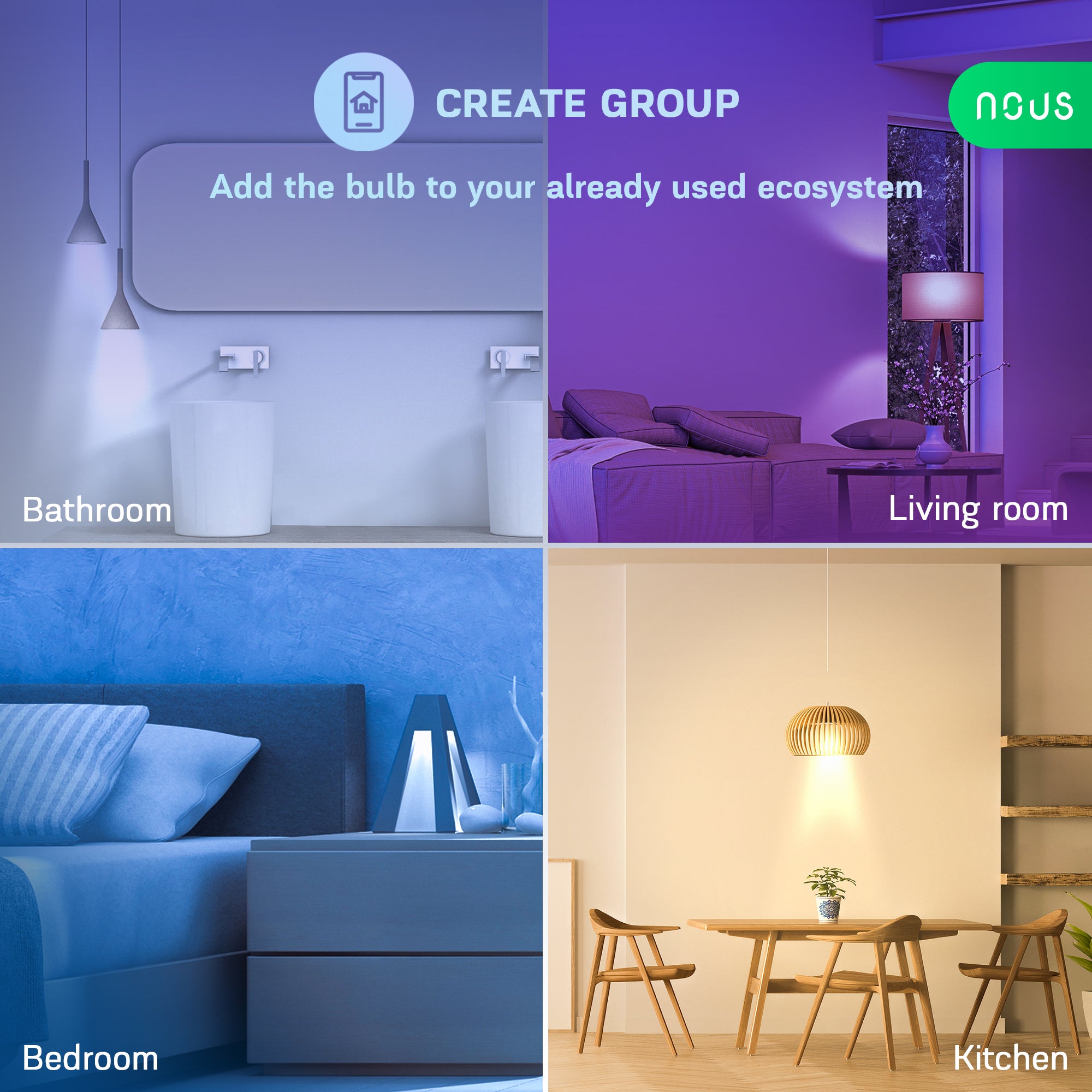 Bad, Wohnzimmer, Schlafzimmer und Küche in vier Lichtfarben als Gruppe mehrerer Nous P8 GU10