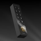 Nuki Keypad 2 NFC in dunkler Studioansicht, goldene Fingerabdruck-Grafik auf dem Sensor eingeblendet