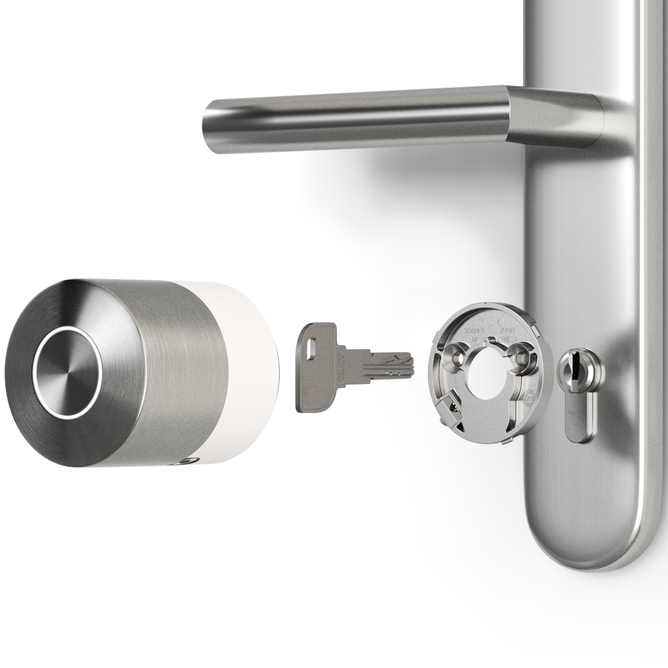 Montagegrafik zum Nuki Smart Lock Pro: Gerät, Schlüssel, Montageplatte und Europrofilzylinder im Türblatt