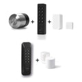 Nuki Smart Lock Pro (5. Gen.) und Nuki Keypad 2 NFC und Nuki Door Sensor u. a. nebeneinander vor weißem Hintergrund