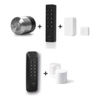 Nuki Smart Lock Pro (5. Gen.) und Nuki Keypad 2 NFC und Nuki Door Sensor u. a. nebeneinander vor weißem Hintergrund