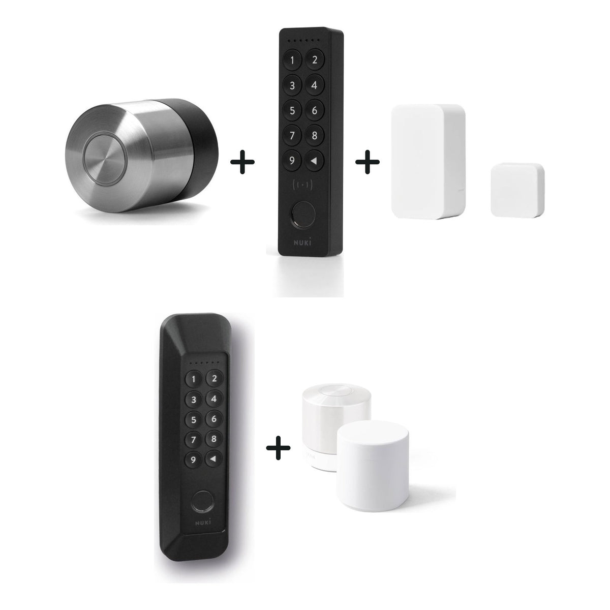 Nuki Smart Lock Pro (5. Gen.) und Nuki Keypad 2 NFC und Nuki Door Sensor u. a. nebeneinander vor weißem Hintergrund