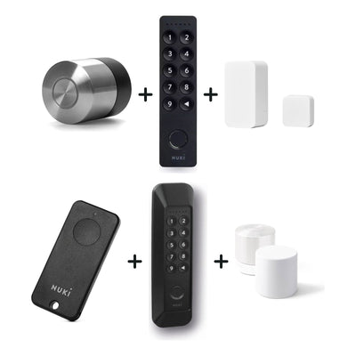 Nuki Smart Lock Pro (5. Gen.) und Nuki Keypad 2 und Nuki Door Sensor und Nuki Fob nebeneinander vor weißem Hintergrund