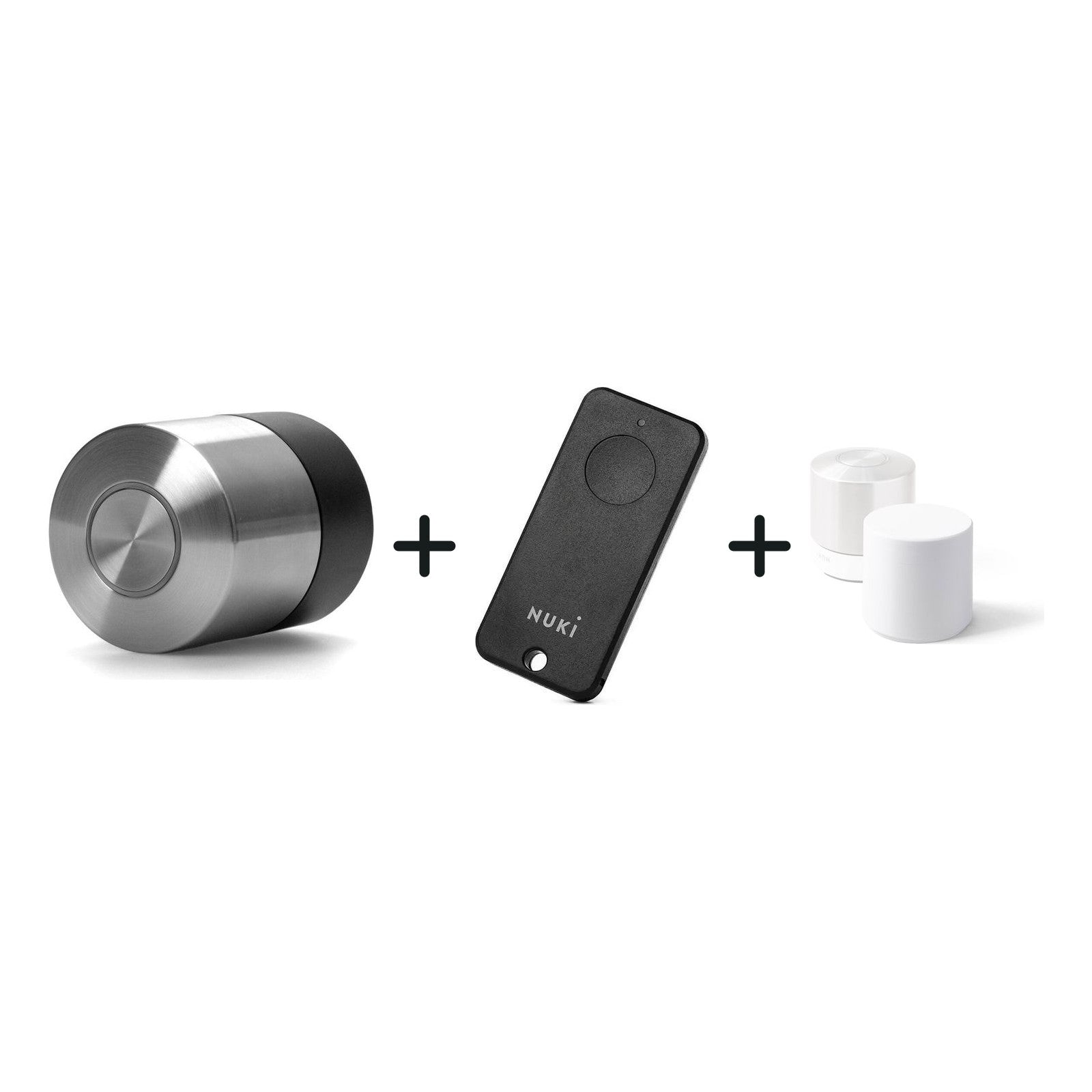 Nuki Smart Lock Pro (5. Gen.) und Nuki Fob und Kindersicherung für Nuki Smart Lock Pro (5. Gen) und Ultra nebeneinander vor w
