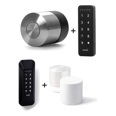 Nuki Smart Lock Pro (5. Gen.) und Nuki Keypad u. a. nebeneinander vor weißem Hintergrund