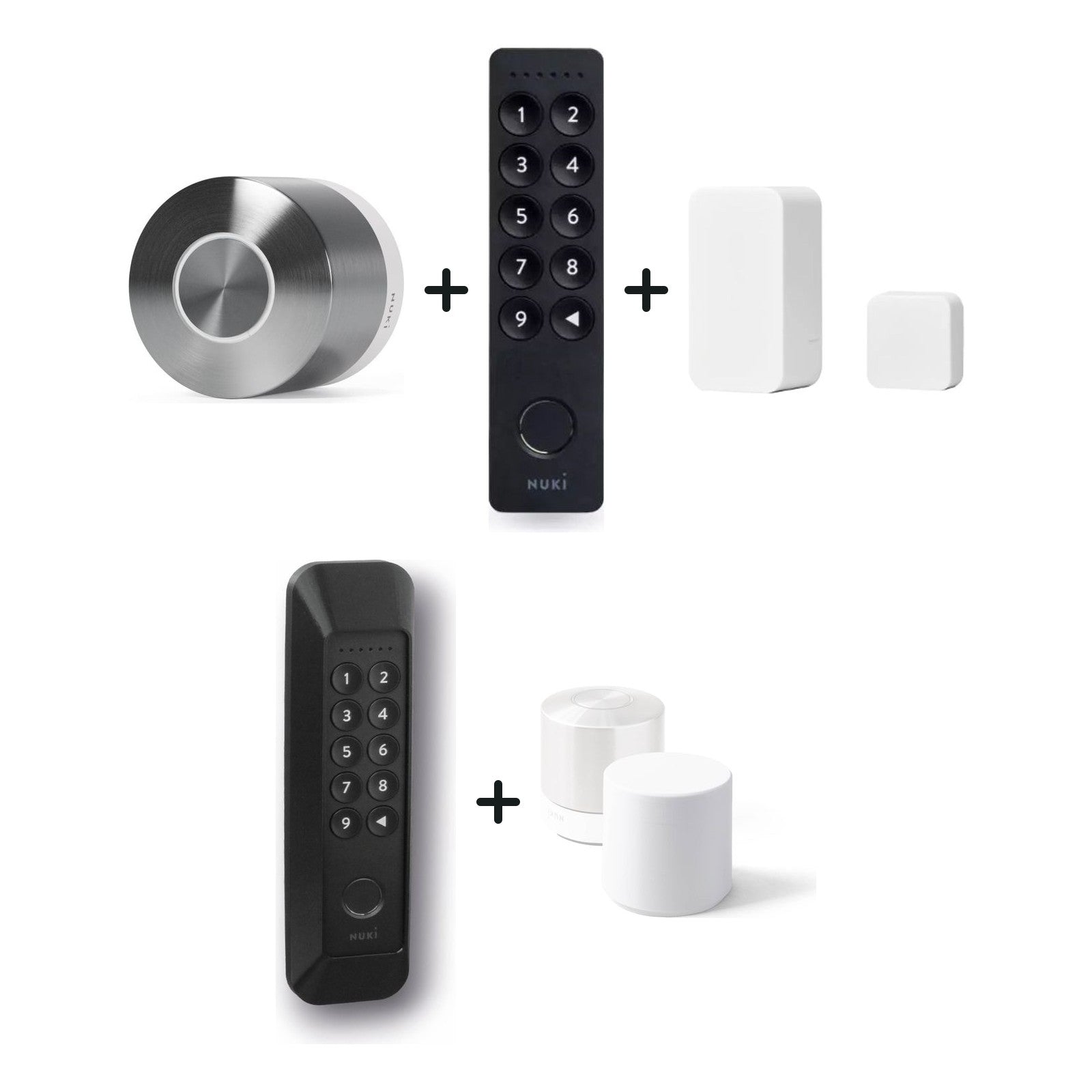 Nuki Smart Lock Ultra und Nuki Keypad 2 und Nuki Door Sensor u. a. nebeneinander vor weißem Hintergrund