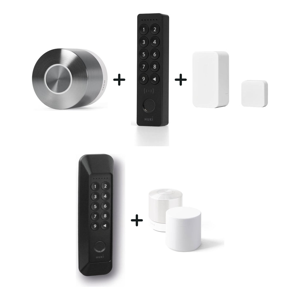 Nuki Smart Lock Ultra und Nuki Keypad 2 NFC und Nuki Door Sensor u. a. nebeneinander vor weißem Hintergrund