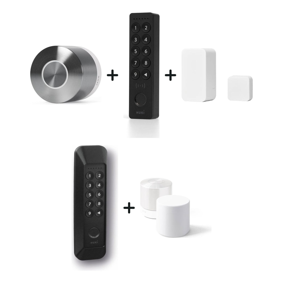 Nuki Smart Lock Ultra und Nuki Keypad 2 NFC und Nuki Door Sensor u. a. nebeneinander vor weißem Hintergrund