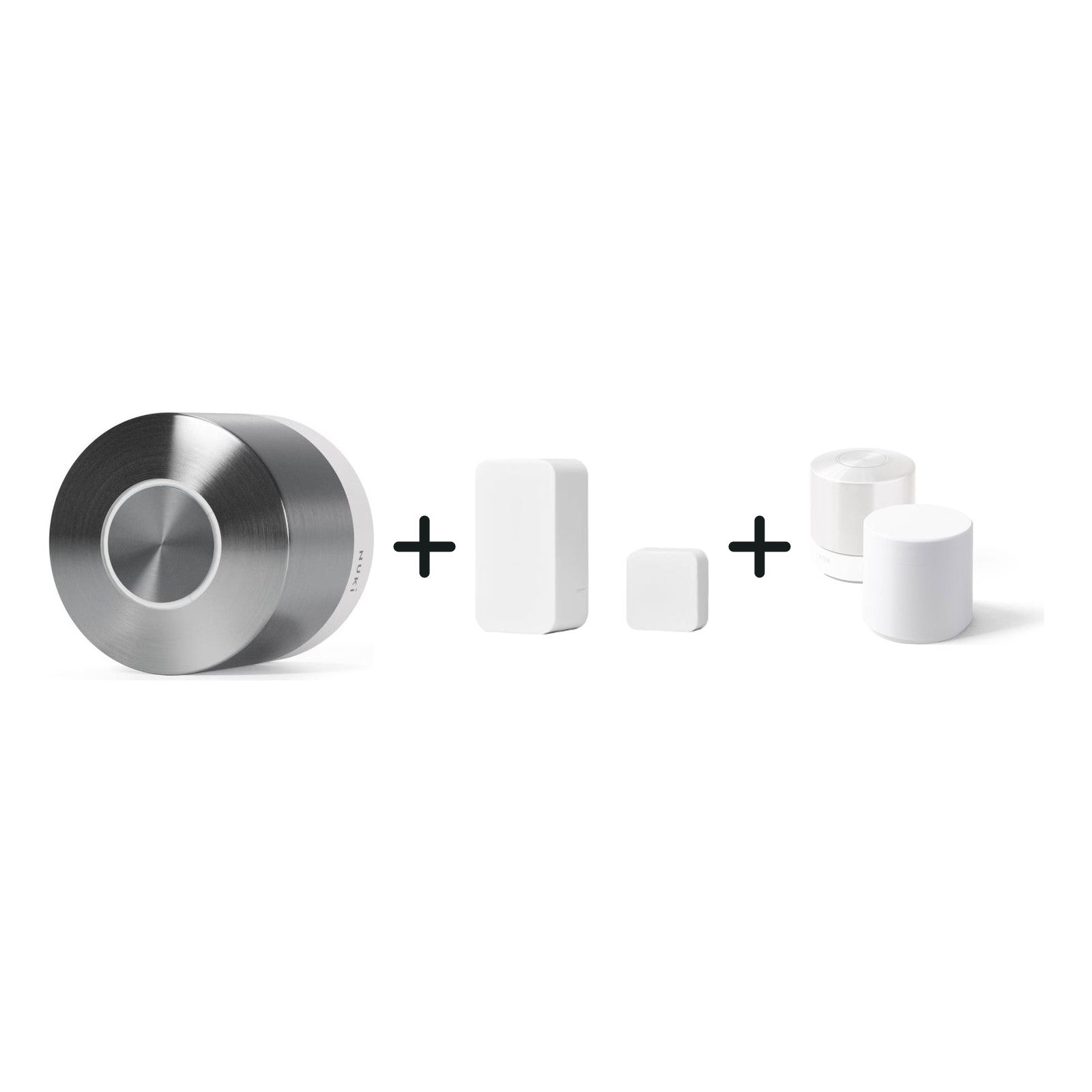 Nuki Smart Lock Ultra und Nuki Door Sensor und Kindersicherung für Nuki Smart Lock Pro (5. Gen) und Ultra nebeneinander vor w