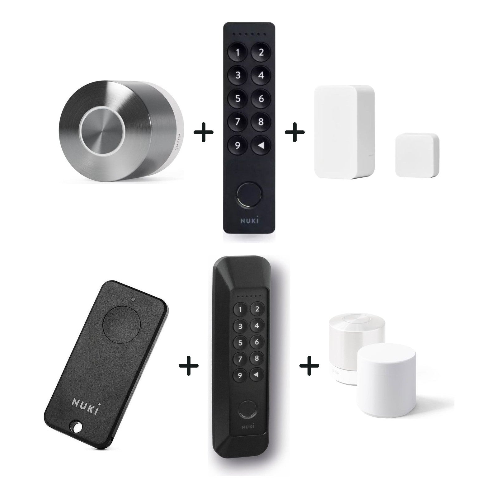 Nuki Smart Lock Ultra und Nuki Keypad 2 und Nuki Door Sensor und Nuki Fob u. a. nebeneinander vor weißem Hintergrund