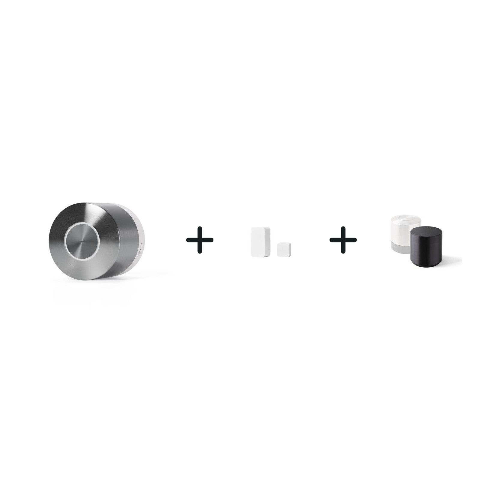 Nuki Smart Lock Ultra und Nuki Door Sensor und Kindersicherung für Nuki Smart Lock Pro (5. Gen) und Ultra nebeneinander vor w
