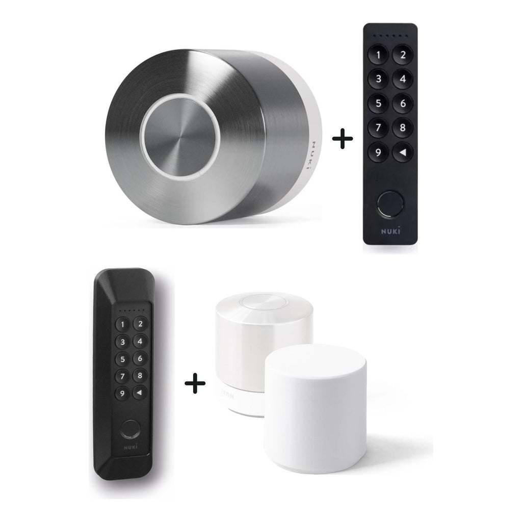 Nuki Smart Lock Ultra und Nuki Keypad 2 und Diebstahlschutz für Nuki Keypad 2 u. a. nebeneinander vor weißem Hintergrund
