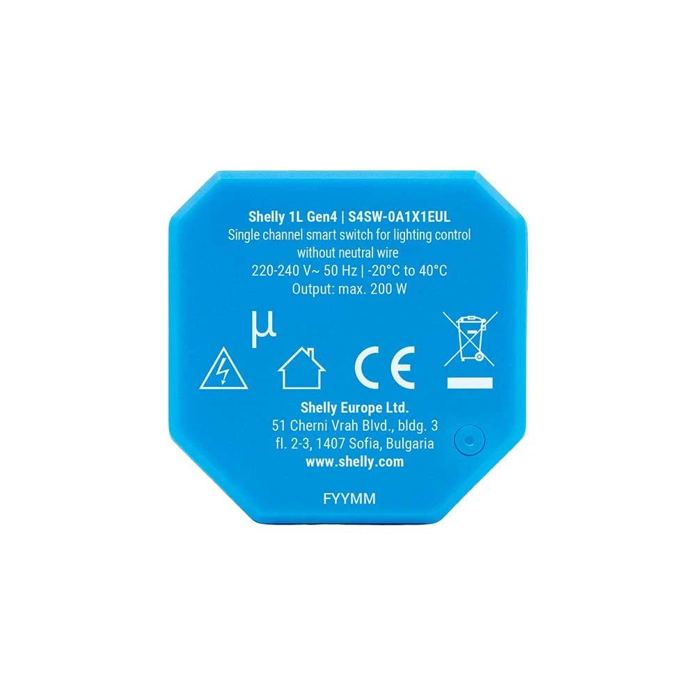 Shelly 1L Gen4: Rückseite mit Typenschild, Modell S4SW-0A1X1EUL, 200 W Ausgangsleistung und Herstellerangaben