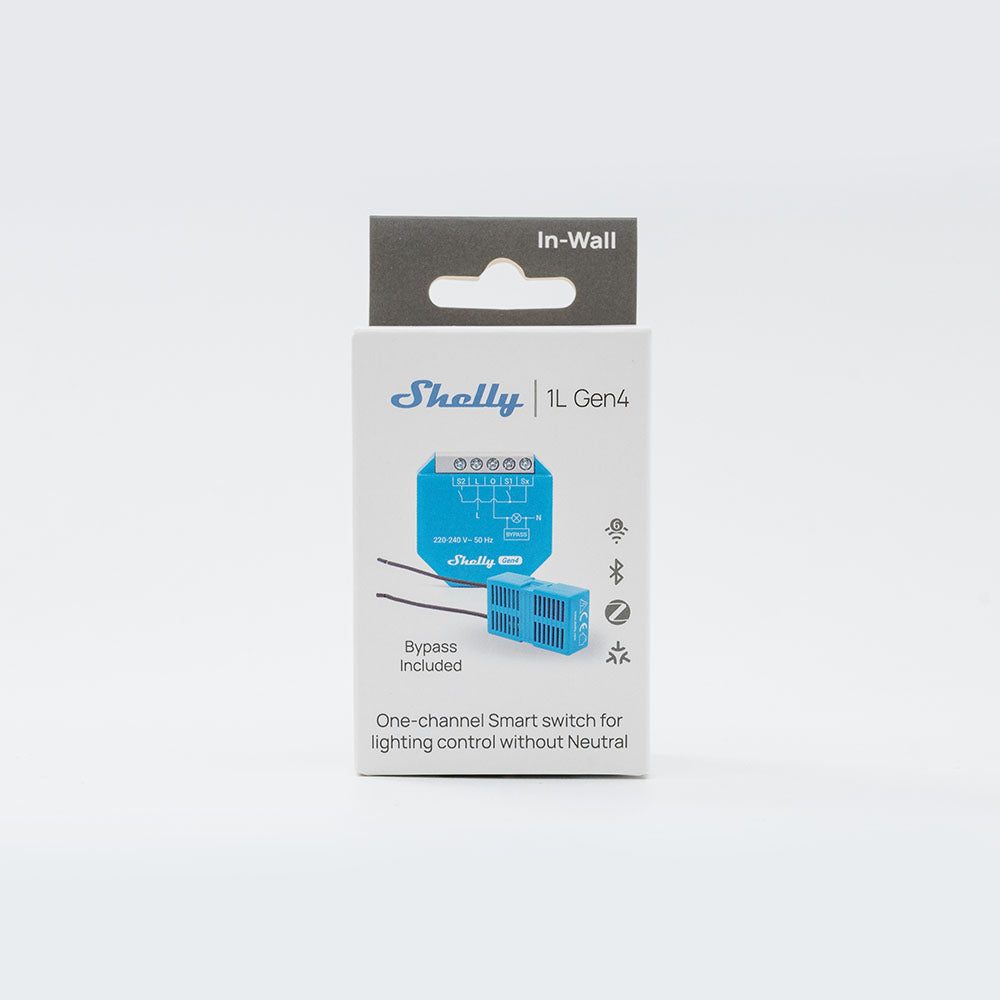 Shelly 1L Gen4: Verpackung von vorn mit Hinweis Bypass Included und den Symbolen für WLAN, Bluetooth, Zigbee und Matter