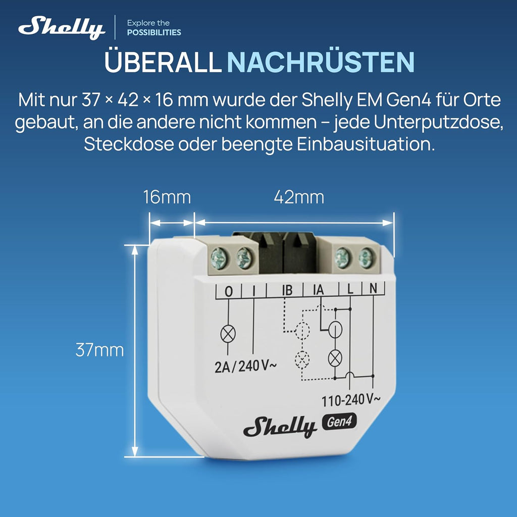 Shelly EM Gen4 mit Maßangaben 37 x 42 x 16 mm für den Einbau in Unterputzdose oder Verteiler