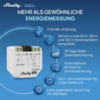 Shelly EM Gen4 Infografik: zwei Kanäle, Stromwandler bis 120 A, 30 Tage Datenspeicher, Kontakt für Schütz