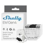 Shelly EM Gen4 Lieferumfang: Verpackung, Energiemesser und 50-A-Stromzange