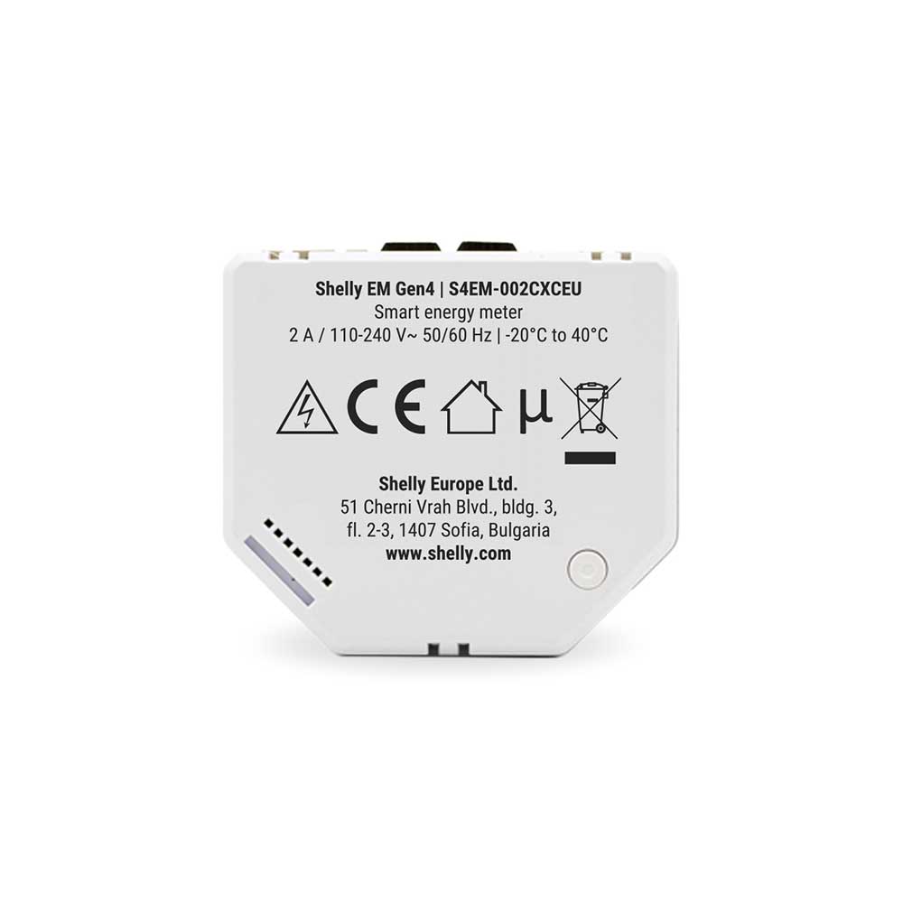 Shelly EM Gen4 Rückseite mit Typenschild, Modell S4EM-002CXCEU und Herstellerangaben