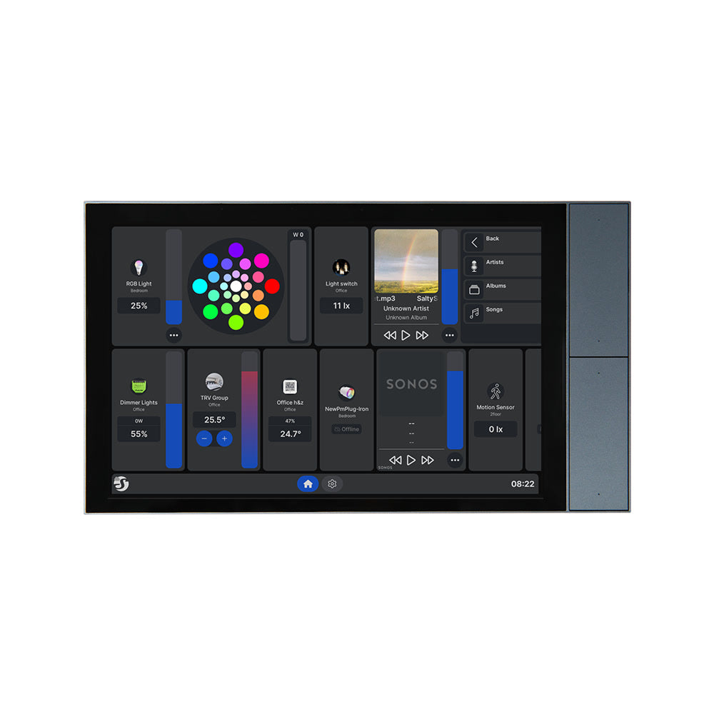Shelly Wall Display XL in Grau frontal, schwarze Glasfront mit Dashboard, blaugraue Tastenleiste rechts