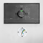Shelly Wall Display XL Rückseite mit Montageplatte und Netzmodul, Lochabstand 60 und 83,5 mm, darunter Unterputzdose