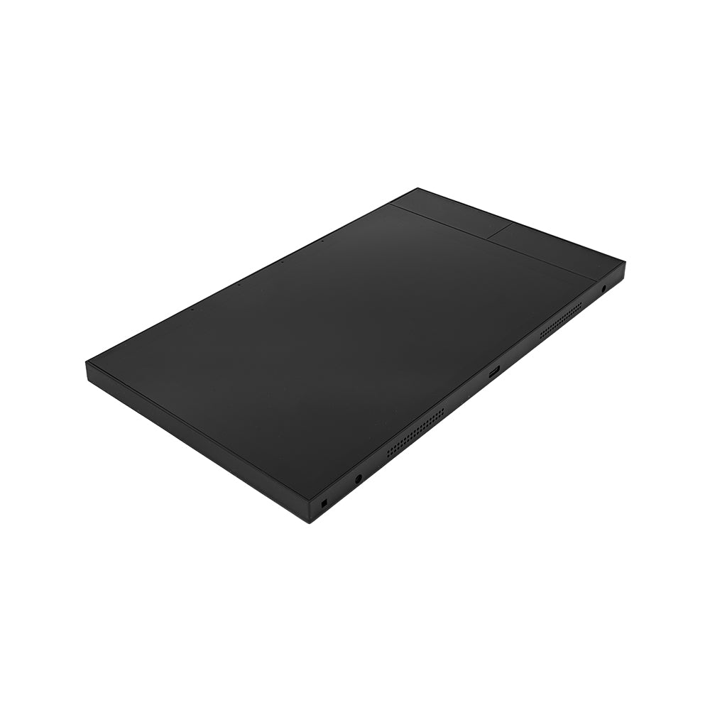 Shelly Wall Display XL Schwarz schräg von oben, Unterkante mit Lautsprechergittern und USB-C-Anschluss