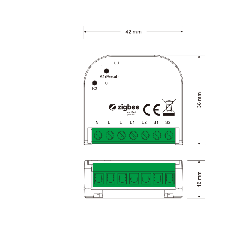 Maßzeichnung des 2-Kanal Schaltaktors mit 42 x 38 x 16 mm und Klemmleiste in der Seitenansicht