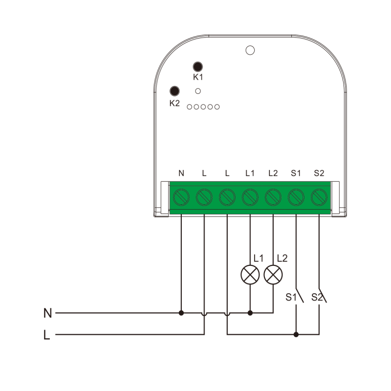 Anschlussschema des 2-Kanal Schaltaktors: zwei Leuchten an L1 und L2, zwei Taster an S1 und S2