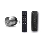 Nuki Smart Lock Pro (5. Gen.) und Nuki Keypad 2 und Diebstahlschutz für Nuki Keypad 2 nebeneinander vor weißem Hintergrund