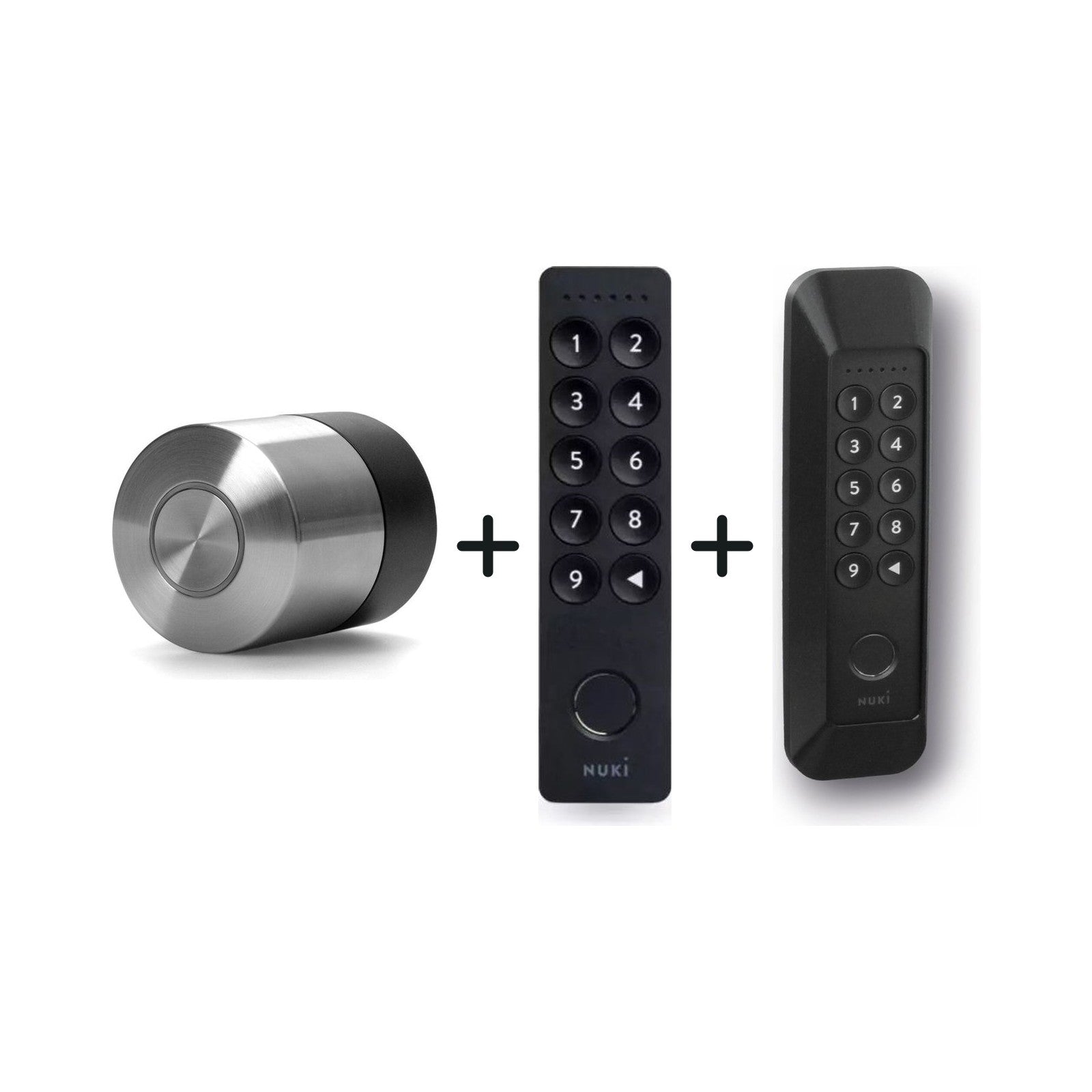 Nuki Smart Lock Pro (5. Gen.) und Nuki Keypad 2 und Diebstahlschutz für Nuki Keypad 2 nebeneinander vor weißem Hintergrund