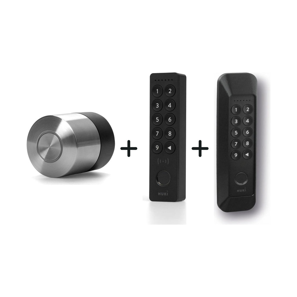 Nuki Smart Lock Pro (5. Gen.) und Nuki Keypad 2 NFC u. a. nebeneinander vor weißem Hintergrund