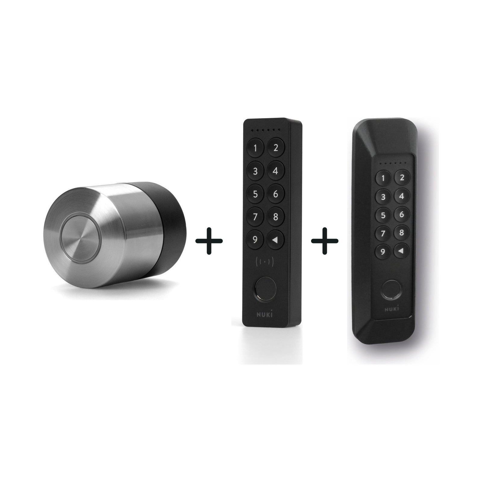 Nuki Smart Lock Pro (5. Gen.) und Nuki Keypad 2 NFC und Diebstahlschutz für Nuki Keypad 2 nebeneinander vor weißem Hintergrun