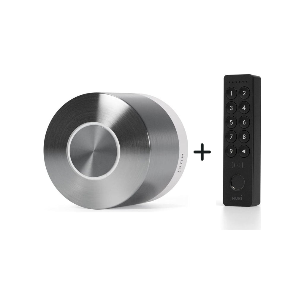 Nuki Smart Lock Ultra und Nuki Keypad 2 NFC nebeneinander vor weißem Hintergrund