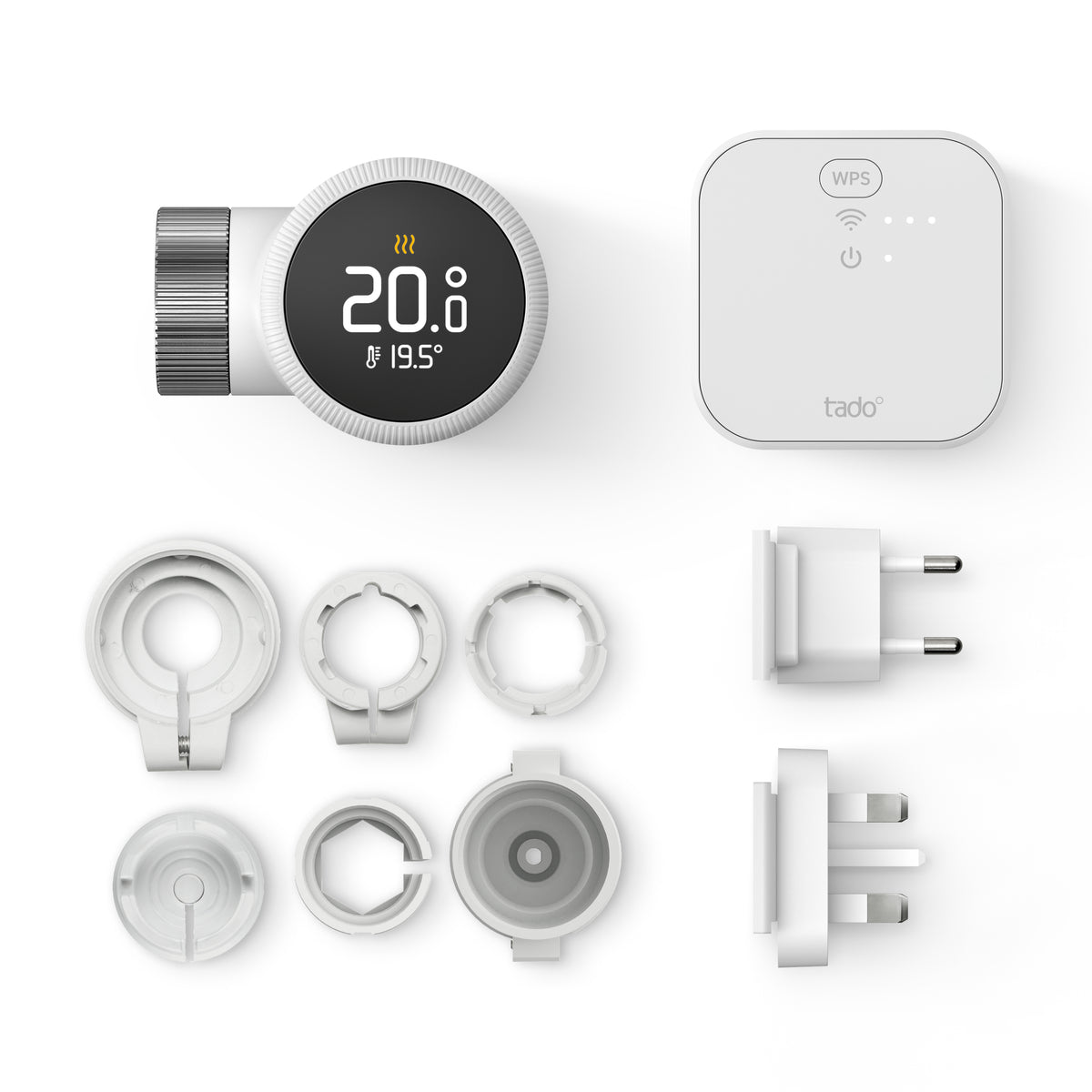Lieferumfang Starter Kit: Thermostat X, Bridge X, sechs Ventiladapter sowie EU- und UK-Steckeraufsatz