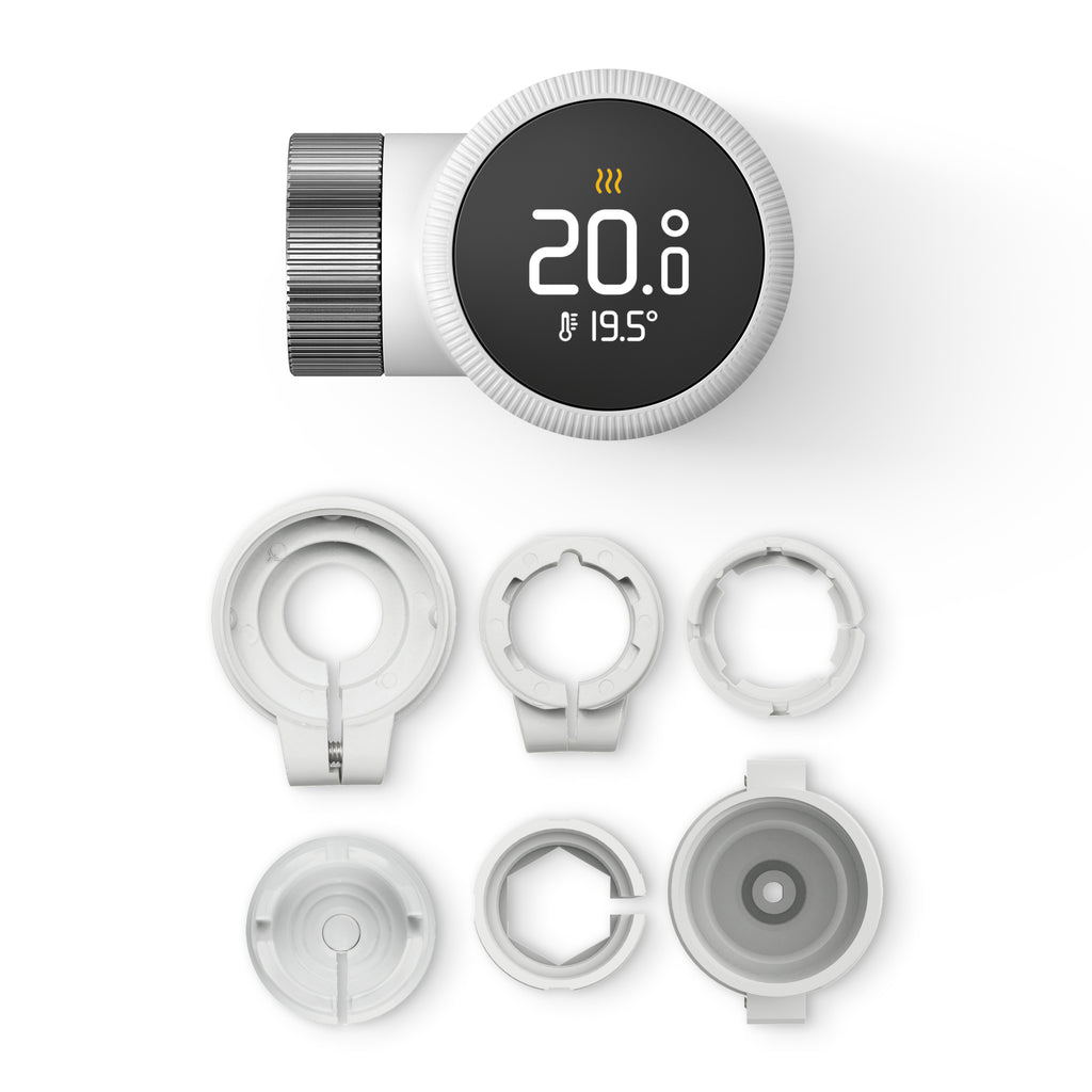 Lieferumfang von oben: Heizkörper-Thermostat X von tado und sechs Ventiladapter