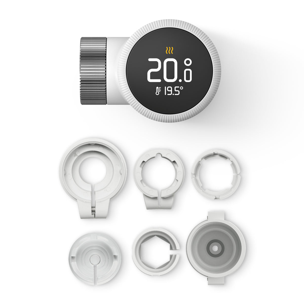 Lieferumfang von oben: Heizkörper-Thermostat X von tado und sechs Ventiladapter