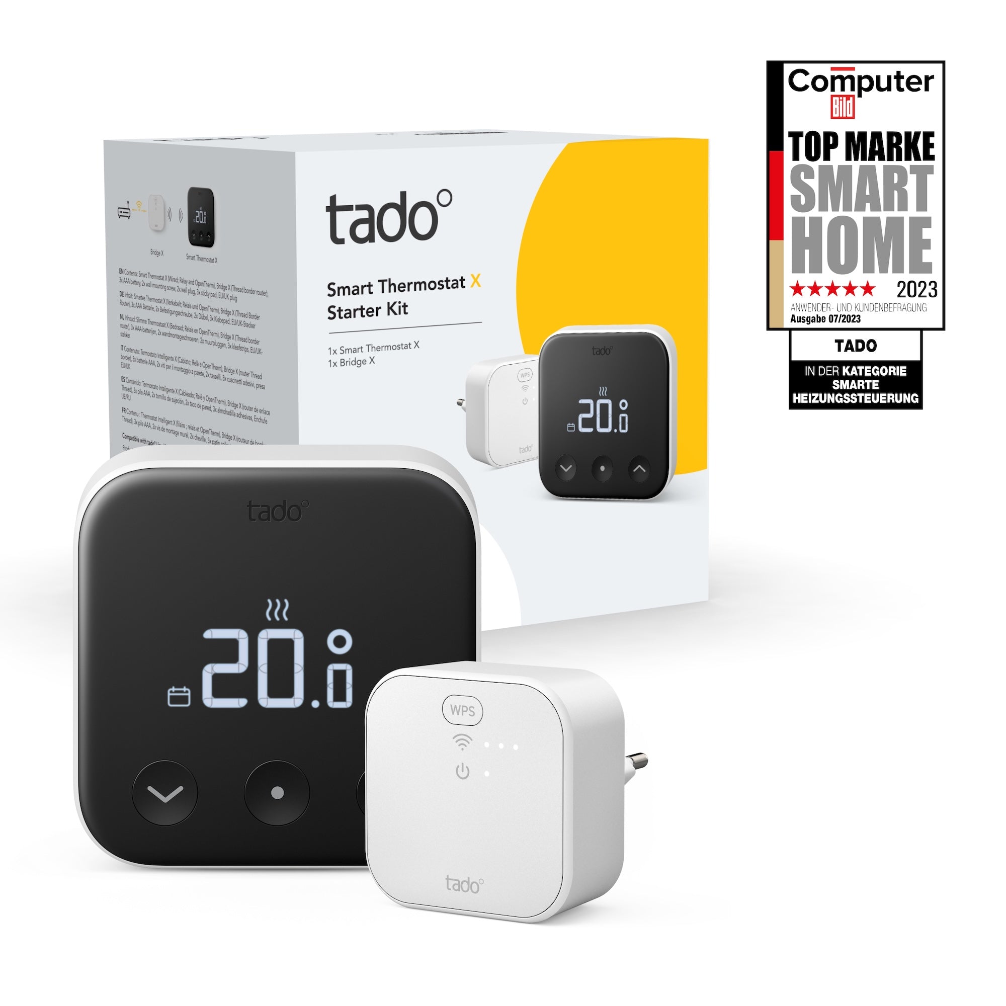Verpackung des Smart Thermostat X Starter Kit mit Thermostat, Bridge X und Auszeichnungs-Siegel