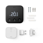 Kit-Inhalt: Thermostat X, Schrauben, Dübel, Klebepads, Bridge X sowie EU- und UK-Steckeraufsatz