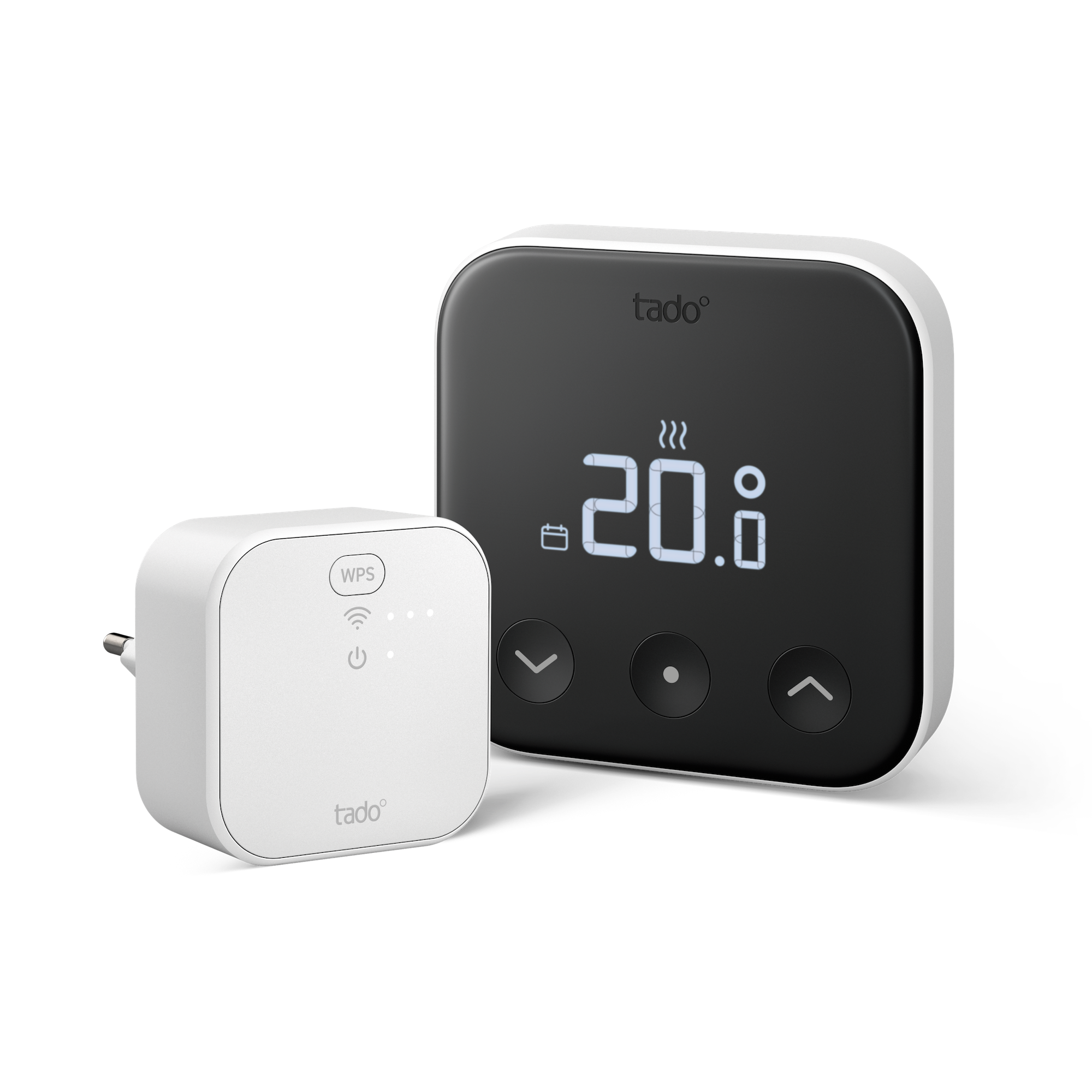 Starter Kit: Smartes Thermostat X mit Anzeige 20,0 Grad neben der weißen Bridge X mit Steckerkontakten