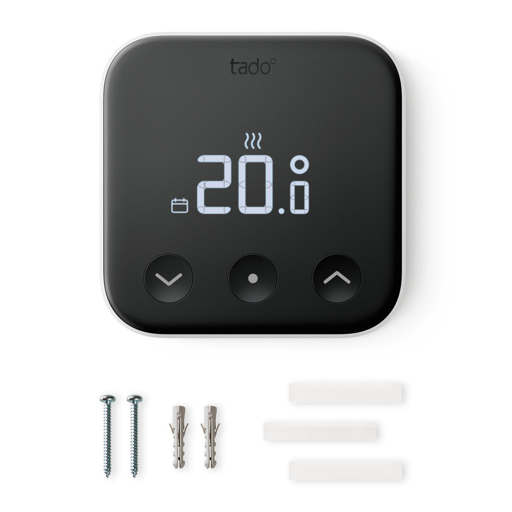 Lieferumfang des Smarten Thermostats X: Gerät, zwei Schrauben, zwei Dübel und drei Klebepads