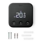 Lieferumfang des Smarten Thermostats X: Gerät, zwei Schrauben, zwei Dübel und drei Klebepads