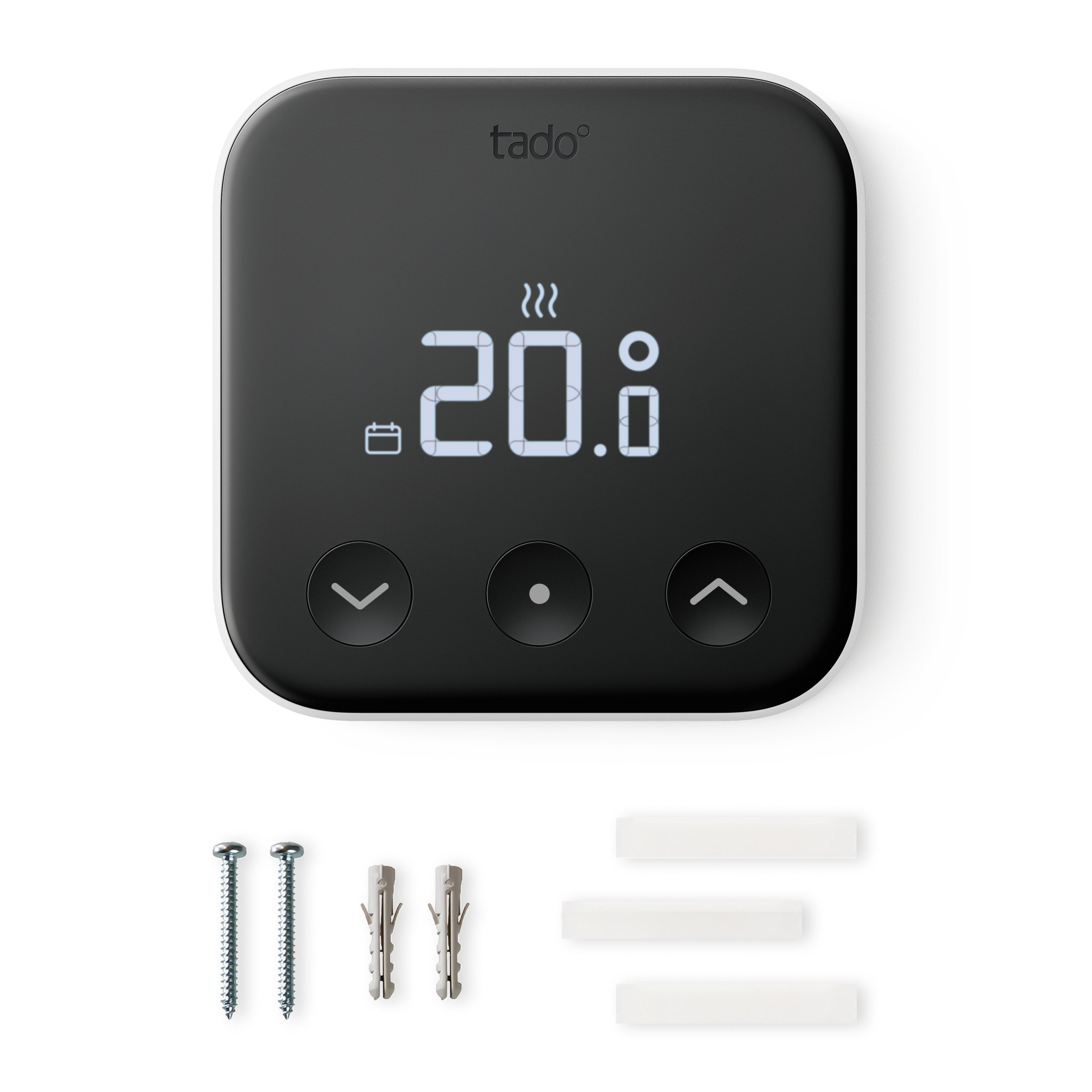 Lieferumfang des Smarten Thermostats X: Gerät, zwei Schrauben, zwei Dübel und drei Klebepads