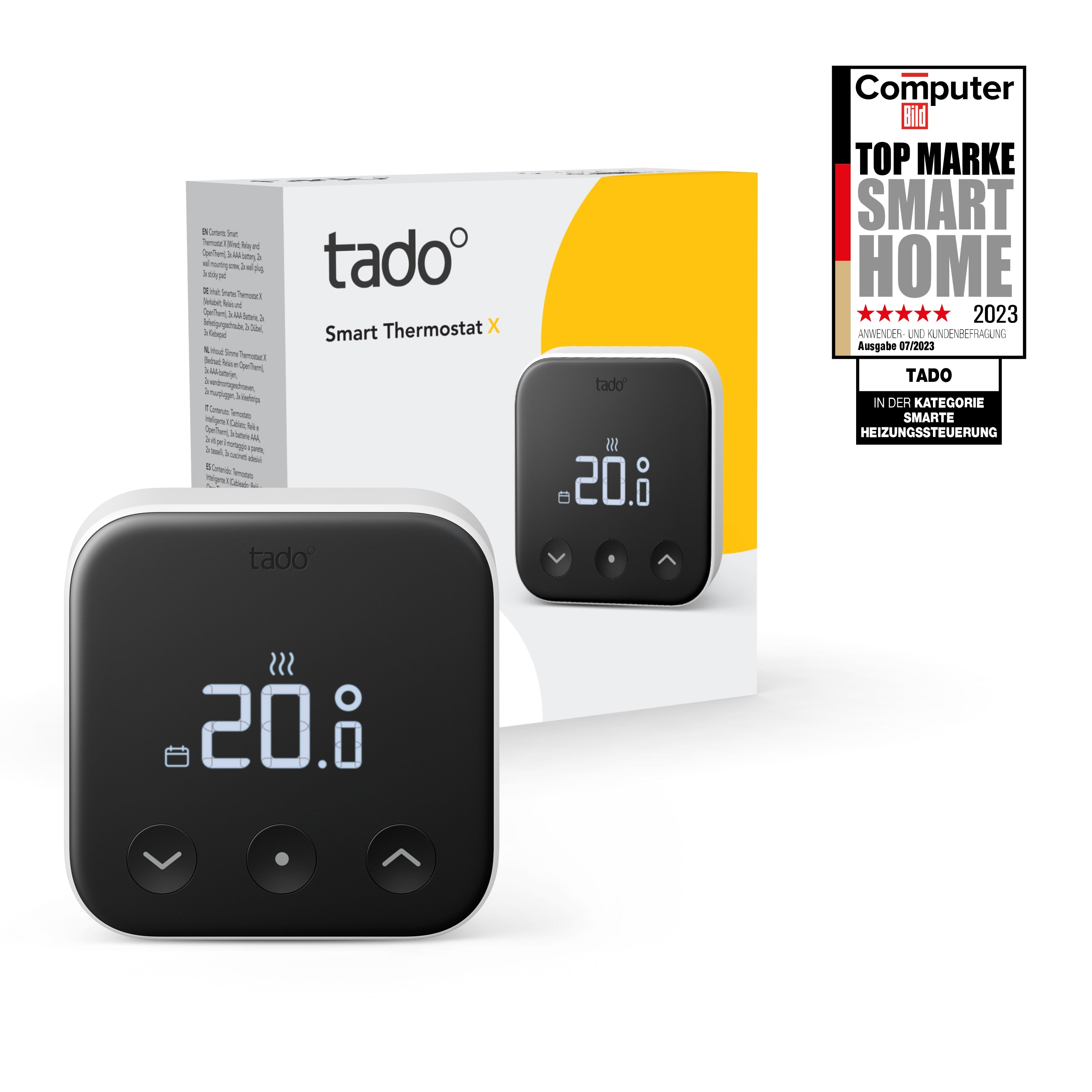 Verpackung des Smart Thermostat X mit dem Thermostat davor und Siegel Top Marke Smart Home 2023