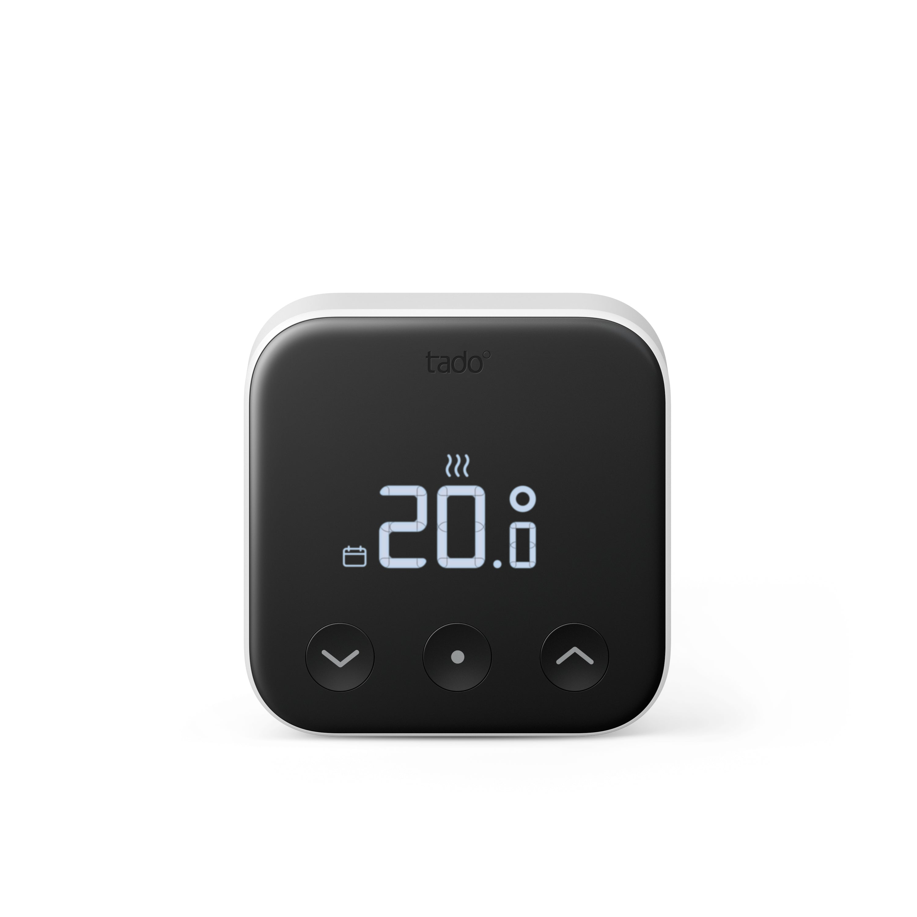 tado Verkabeltes Smartes Thermostat X frontal, Display zeigt 20,0 Grad, darunter drei Tasten