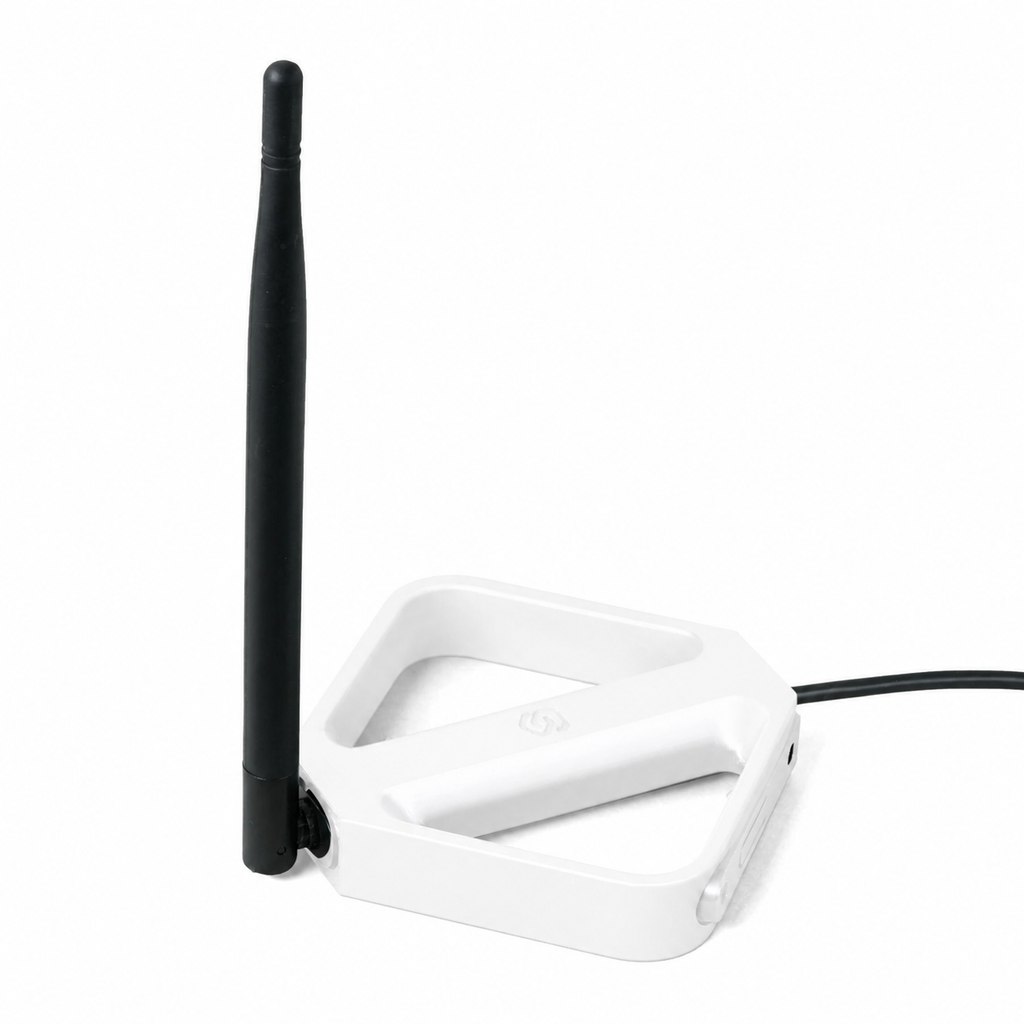 Weiße Halterung mit Dongle von schräg vorn