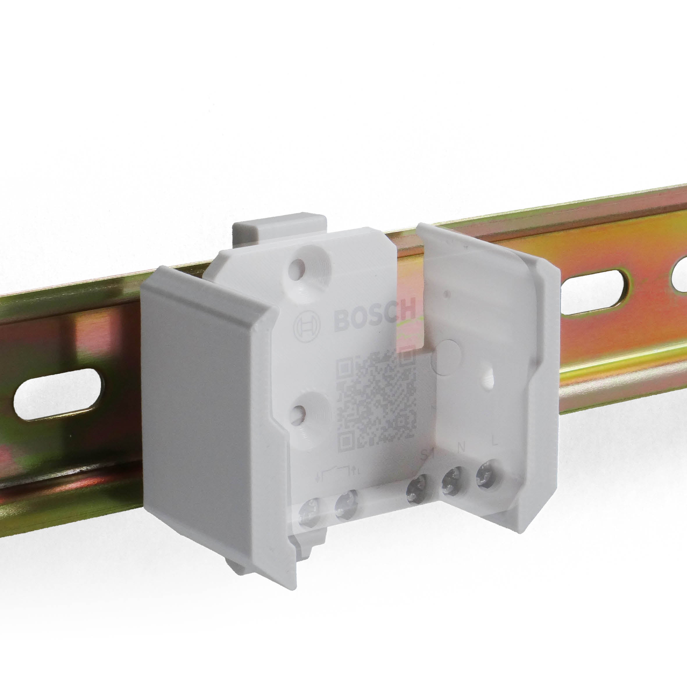 smattex Hutschienen-Halterung in Weiß mit eingesetztem Bosch-Smart-Home-Modul
