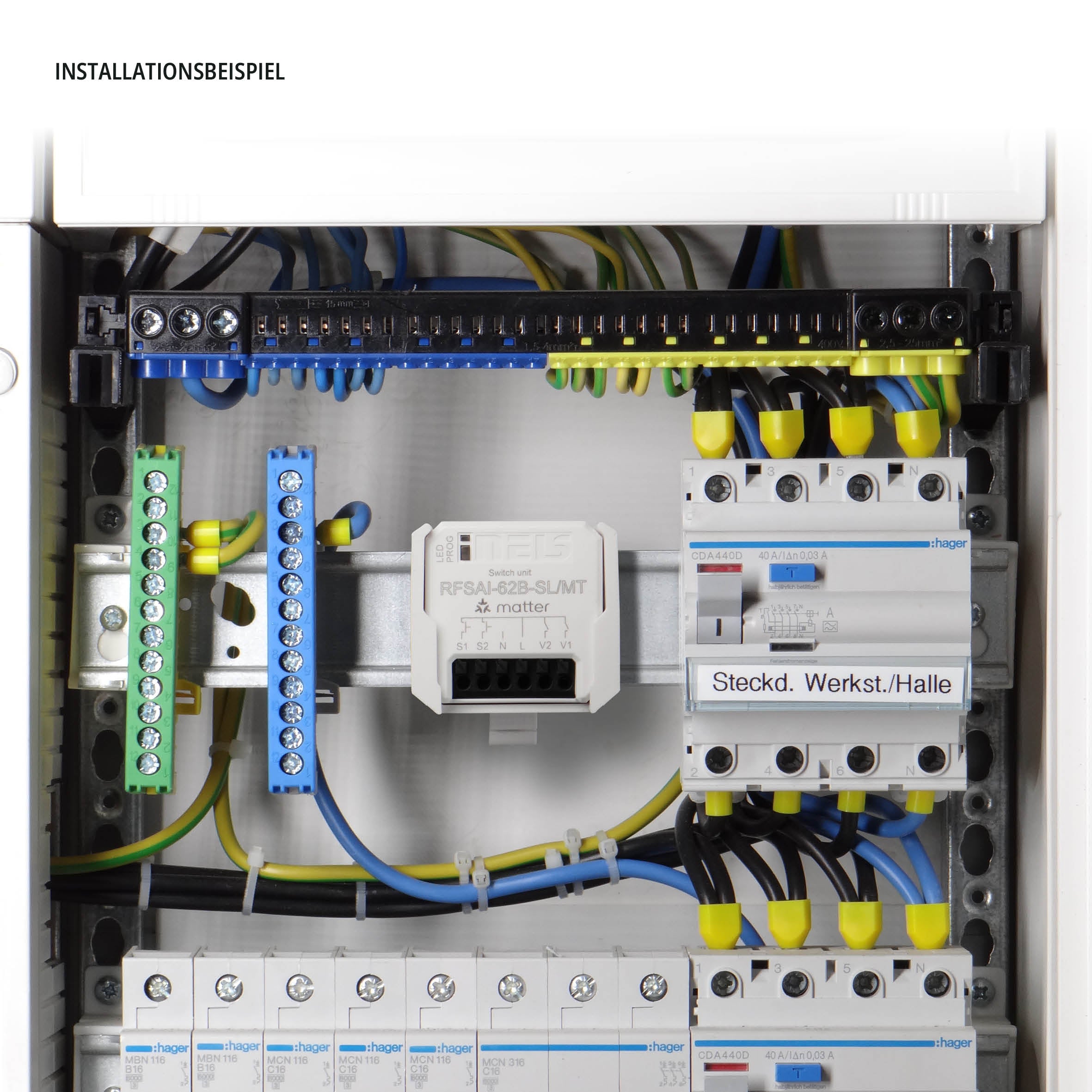 Installationsbeispiel: ELKO EP RFSAI-62B-SL/MT in der smattex Hutschienen-Halterung im Verteilerkasten